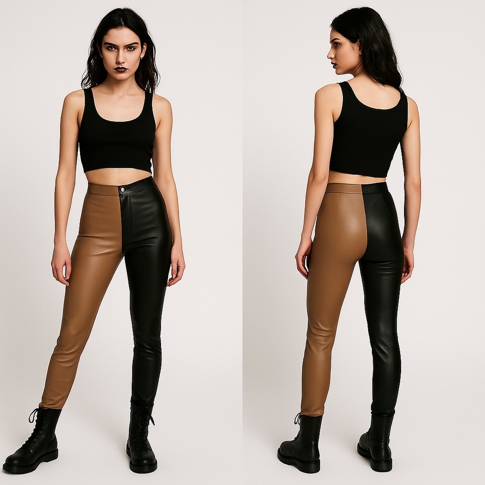 HOT & DELICIOUS Faux Leather Color Block Leggings Pants  Zip Up Tan Black Size M